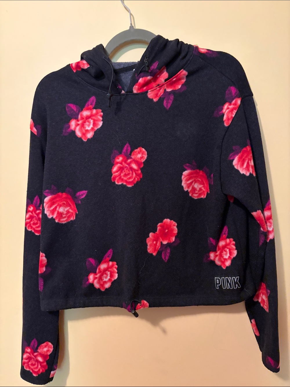 VICTORIAS SECRET FLORAL HOODIE SWEATER CROPPED NAVY & PINK M